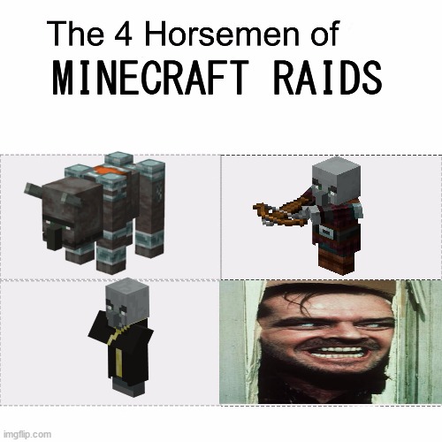 types of minecraft raids | MINECRAFT RAIDS | image tagged in four horsemen | made w/ Imgflip meme maker