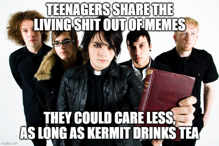 MCR Teenagers | TEENAGERS SHARE THE LIVING SHIT OUT OF MEMES; THEY COULD CARE LESS, AS LONG AS KERMIT DRINKS TEA | image tagged in my chemical romance,teenagers | made w/ Imgflip meme maker