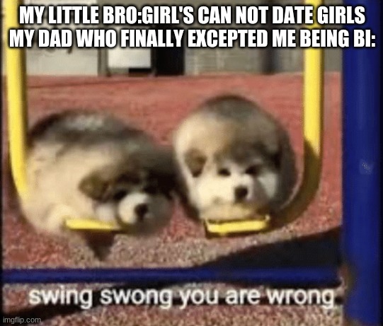 swing swong you are wrong | MY LITTLE BRO:GIRL'S CAN NOT DATE GIRLS
MY DAD WHO FINALLY EXCEPTED ME BEING BI: | image tagged in swing swong you are wrong | made w/ Imgflip meme maker