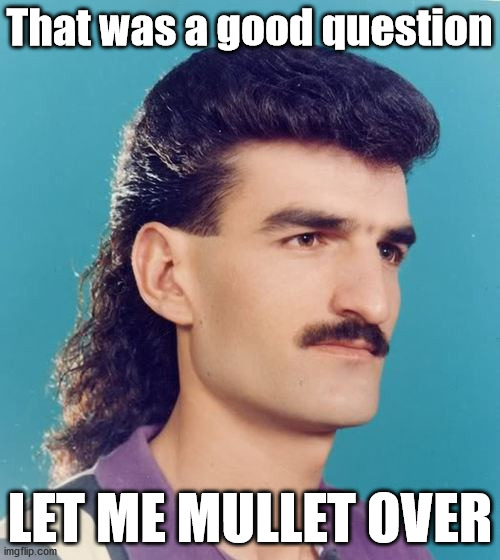 mullet  | That was a good question; LET ME MULLET OVER | image tagged in mullet,eyeroll | made w/ Imgflip meme maker
