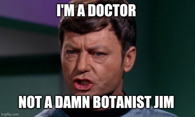 Dr McCoy saying Shit | I'M A DOCTOR NOT A DAMN BOTANIST JIM | image tagged in dr mccoy saying shit | made w/ Imgflip meme maker
