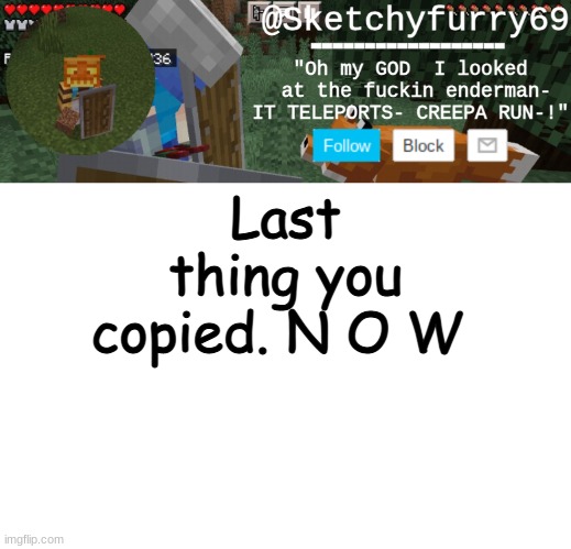 Clouds minecraft temp | Last thing you copied. N O W | image tagged in clouds minecraft temp | made w/ Imgflip meme maker