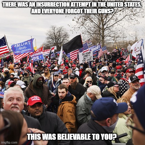 here was an Insurrection attempt in the United States, and everyone forgot their guns? | THERE WAS AN INSURRECTION ATTEMPT IN THE UNITED STATES, 
AND EVERYONE FORGOT THEIR GUNS? THIS WAS BELIEVABLE TO YOU? | image tagged in insurrection,antifa | made w/ Imgflip meme maker
