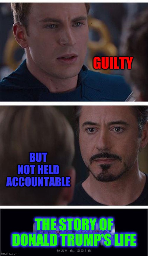 Donald Orenthal James Trump | GUILTY; BUT NOT HELD ACCOUNTABLE; THE STORY OF DONALD TRUMP'S LIFE | image tagged in memes,marvel civil war 1,accountable,trump is guilty,trump impeachment,trump lies | made w/ Imgflip meme maker