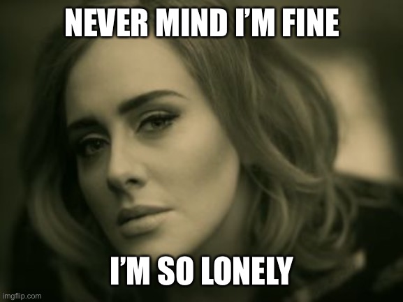 Adele - Hello | NEVER MIND I’M FINE; I’M SO LONELY | image tagged in adele - hello | made w/ Imgflip meme maker