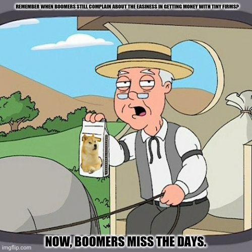 Pepperidge Farm Remembers Meme | REMEMBER WHEN BOOMERS STILL COMPLAIN ABOUT THE EASINESS IN GETTING MONEY WITH TINY FIRMS? NOW, BOOMERS MISS THE DAYS. | image tagged in memes,pepperidge farms,boomers | made w/ Imgflip meme maker