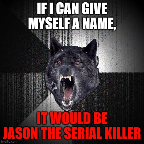 my first time naming this meme... oh gawd.... | IF I CAN GIVE MYSELF A NAME, IT WOULD BE JASON THE SERIAL KILLER | image tagged in memes,insanity wolf | made w/ Imgflip meme maker