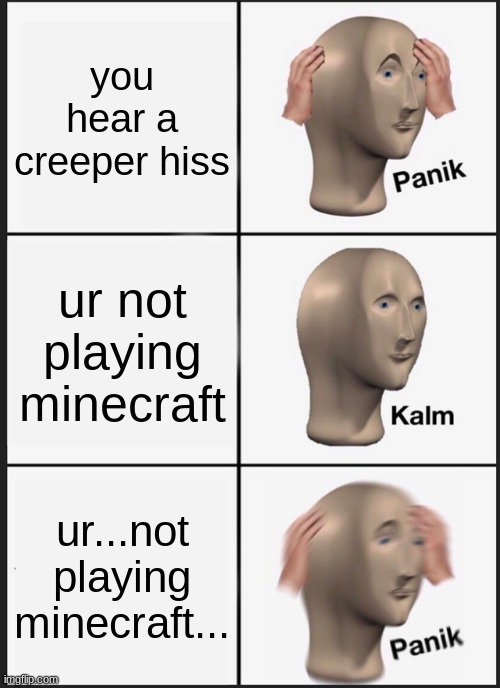 Ur dead | you hear a creeper hiss; ur not playing minecraft; ur...not playing minecraft... | image tagged in memes,panik kalm panik | made w/ Imgflip meme maker