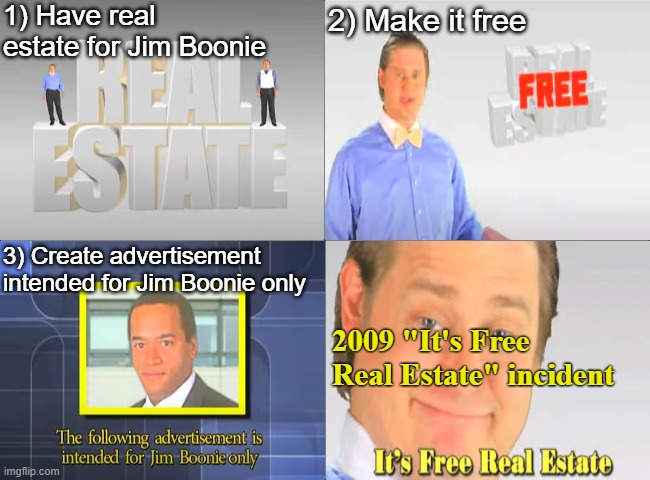 2009 "It's Free Real Estate" Incident | 1) Have real estate for Jim Boonie; 2) Make it free; 3) Create advertisement intended for Jim Boonie only; 2009 "It's Free Real Estate" incident | image tagged in its free real estate,incident,tim and eric,jim boonie,advertisement,real estate | made w/ Imgflip meme maker