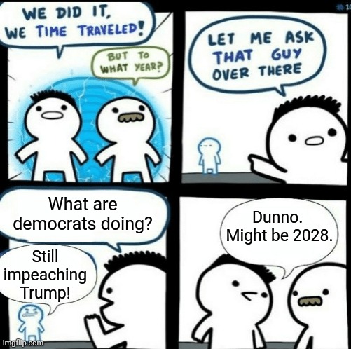 Time travelled but to what year | Dunno.  Might be 2028. What are democrats doing? Still impeaching Trump! | image tagged in time travelled but to what year,trump,impeachment,democrats | made w/ Imgflip meme maker