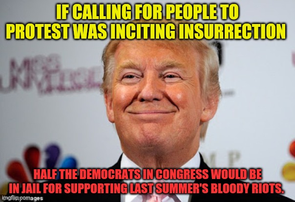 He was acquitted AGAIN. | IF CALLING FOR PEOPLE TO PROTEST WAS INCITING INSURRECTION; HALF THE DEMOCRATS IN CONGRESS WOULD BE IN JAIL FOR SUPPORTING LAST SUMMER'S BLOODY RIOTS. | image tagged in donald trump approves,fake,impeachment | made w/ Imgflip meme maker