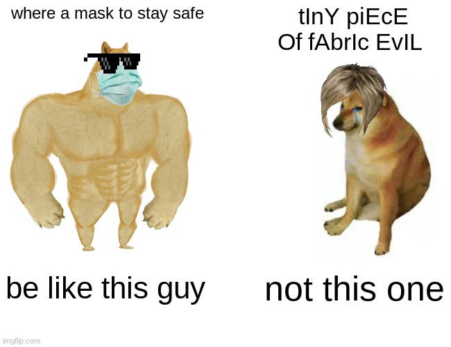 yes | where a mask to stay safe; tInY piEcE Of fAbrIc EvIL; be like this guy; not this one | image tagged in memes,buff doge vs cheems | made w/ Imgflip meme maker