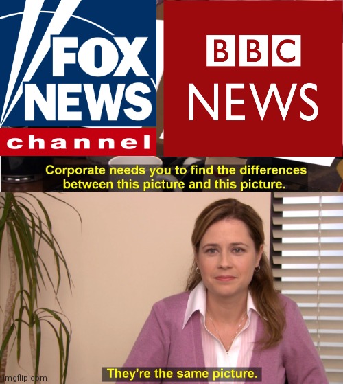 Faux News and Bullsh*t Broadcasting Corporation | image tagged in memes,they're the same picture,bbc news,fox news,fake news,british | made w/ Imgflip meme maker