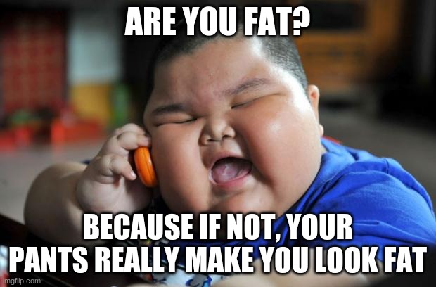 Pickup line XD | ARE YOU FAT? BECAUSE IF NOT, YOUR PANTS REALLY MAKE YOU LOOK FAT | image tagged in fat asian kid | made w/ Imgflip meme maker