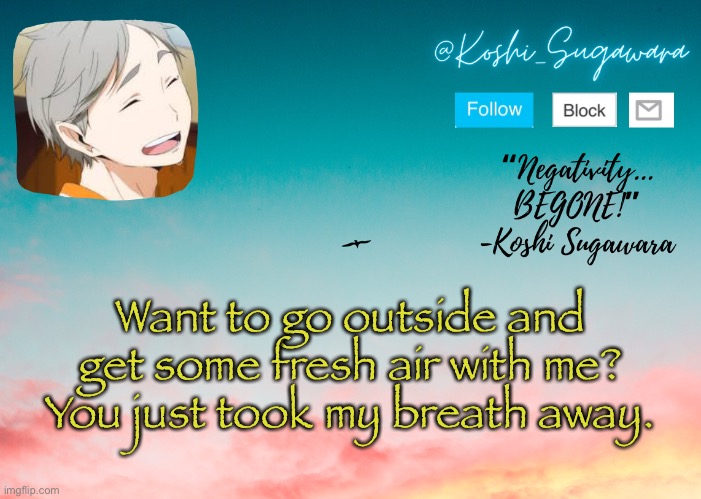 ✨ | Want to go outside and get some fresh air with me? You just took my breath away. | image tagged in koshi temp | made w/ Imgflip meme maker