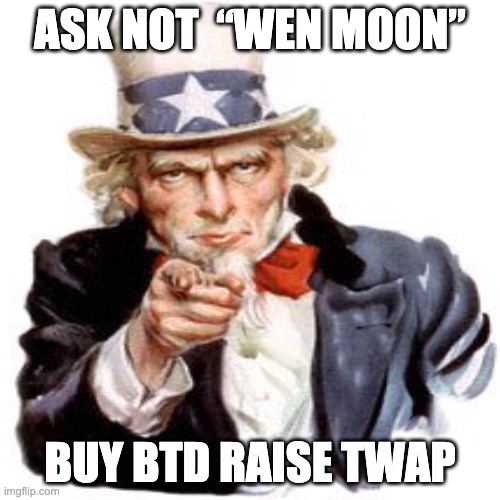Support Bolt Dollar | ASK NOT  “WEN MOON”; BUY BTD RAISE TWAP | image tagged in twap | made w/ Imgflip meme maker