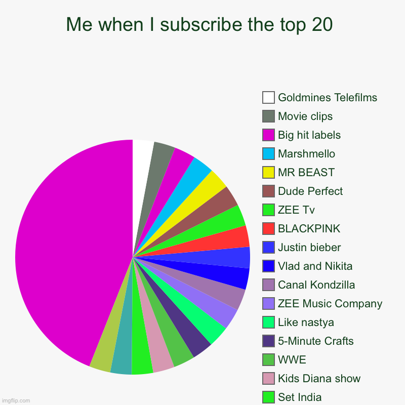Me when I subscribe the top 20 | Pewdiepie, T series, Cocomelon, Set India, Kids Diana show, WWE, 5-Minute Crafts, Like nastya, ZEE Music Co | image tagged in charts,pie charts | made w/ Imgflip chart maker