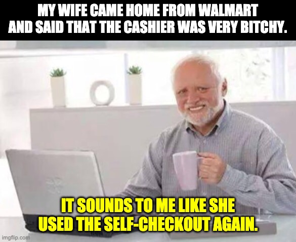 Walmart | MY WIFE CAME HOME FROM WALMART AND SAID THAT THE CASHIER WAS VERY BITCHY. IT SOUNDS TO ME LIKE SHE USED THE SELF-CHECKOUT AGAIN. | image tagged in harold | made w/ Imgflip meme maker