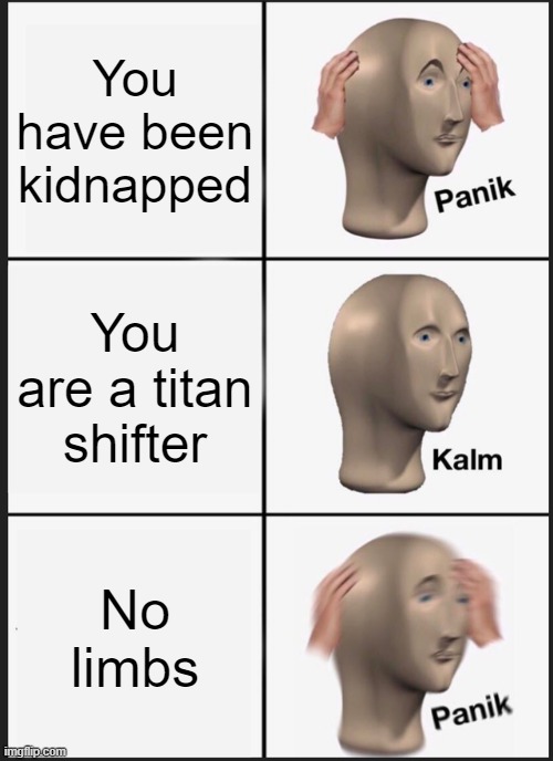 "Eren, need a hand?" | You have been kidnapped; You are a titan shifter; No limbs | image tagged in memes,panik kalm panik | made w/ Imgflip meme maker