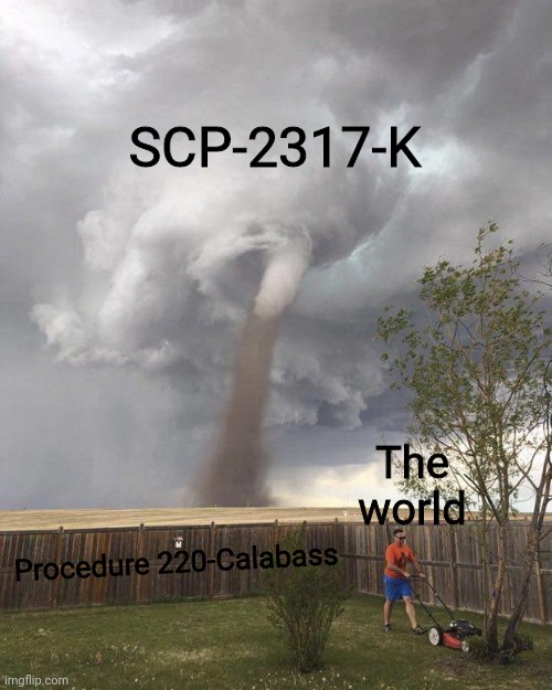 SCP-2317-k | SCP-2317-K; The world; Procedure 220-Calabass | image tagged in mowing before the tornado,scp,scp meme | made w/ Imgflip meme maker