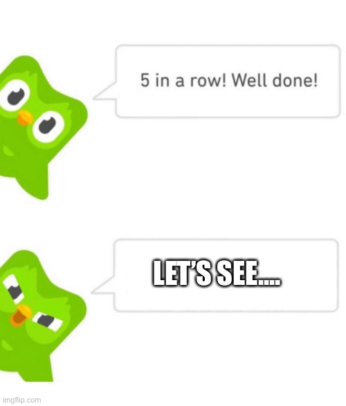 LETS SEE.... | LET’S SEE.... | image tagged in duolingo 5 in a row | made w/ Imgflip meme maker