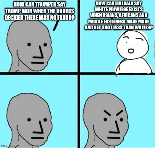 Everyone is awful | HOW CAN LIBERALS SAY WHITE PRIVILEGE EXISTS WHEN ASIANS, AFRICANS AND MIDDLE EASTENERS MAKE MORE AND GET SHOT LESS THAN WHITES? HOW CAN TRUMPER SAY TRUMP WON WHEN THE COURTS DECIDED THERE WAS NO FRAUD? | image tagged in npc meme,liberal hypocrisy | made w/ Imgflip meme maker