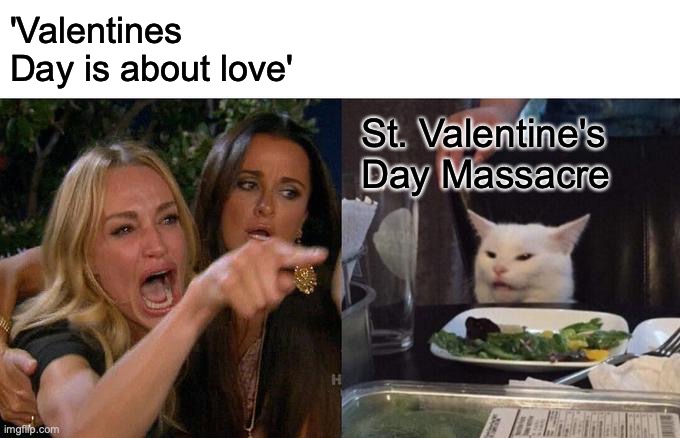 'Valentine's Day is about love' | 'Valentines Day is about love'; St. Valentine's Day Massacre | image tagged in memes,woman yelling at cat,valentine's day,valentines day,history,historical meme | made w/ Imgflip meme maker
