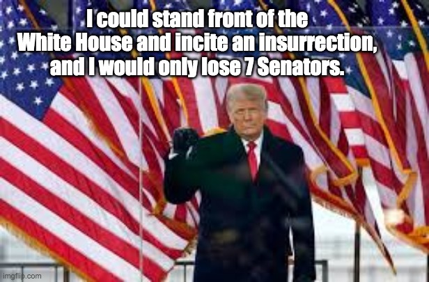 Trump January 6, 2021 Rally | I could stand front of the White House and incite an insurrection, and I would only lose 7 Senators. | image tagged in insurrection,impeachment,donald trump,white house,washington dc,republicans | made w/ Imgflip meme maker