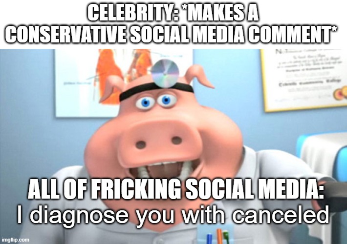 a very political meme that will likely get me killed | CELEBRITY: *MAKES A CONSERVATIVE SOCIAL MEDIA COMMENT*; ALL OF FRICKING SOCIAL MEDIA:; I diagnose you with canceled | image tagged in i diagnose you with dead | made w/ Imgflip meme maker