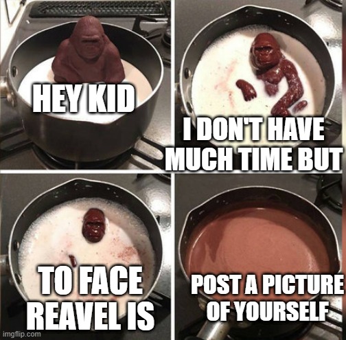 Hey Kid, I don't have much time | HEY KID; I DON'T HAVE MUCH TIME BUT; TO FACE REAVEL IS; POST A PICTURE OF YOURSELF | image tagged in hey kid i don't have much time | made w/ Imgflip meme maker
