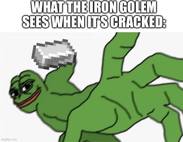 WHAT THE IRON GOLEM SEES WHEN IT’S CRACKED: | image tagged in pepe punch,iron,minecraft,punch,villager,minecraft villagers | made w/ Imgflip meme maker