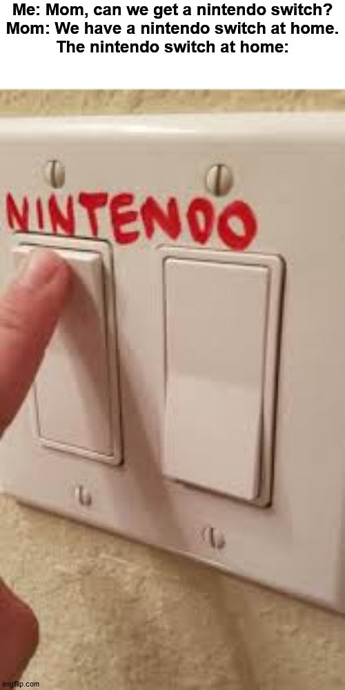 I wonder what games it could play. | Me: Mom, can we get a nintendo switch?
Mom: We have a nintendo switch at home.
The nintendo switch at home: | image tagged in memes,funny,nintendo,nintendo switch,switch | made w/ Imgflip meme maker
