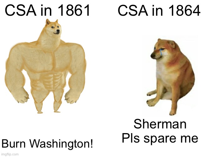 confederacy in the span of 3 years | CSA in 1861; CSA in 1864; Sherman Pls spare me; Burn Washington! | image tagged in memes,buff doge vs cheems | made w/ Imgflip meme maker