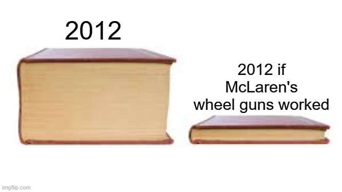 2012 | 2012; 2012 if McLaren's wheel guns worked | image tagged in big book small book,formula 1,mclaren | made w/ Imgflip meme maker