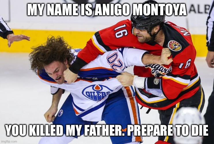 hockey fight | MY NAME IS ANIGO MONTOYA; YOU KILLED MY FATHER. PREPARE TO DIE | image tagged in hockey fight | made w/ Imgflip meme maker