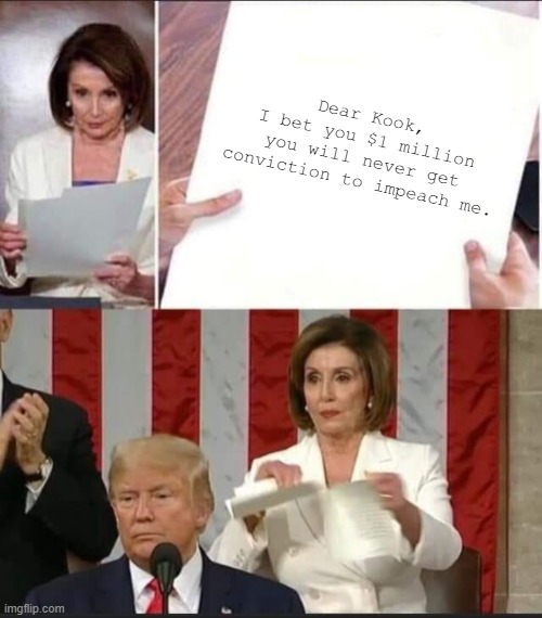 Trump: Seer of the future | Dear Kook,
I bet you $1 million
you will never get conviction to impeach me. | image tagged in nancy pelosi tears speech,liberals,democrats,unhinged,impeachment | made w/ Imgflip meme maker