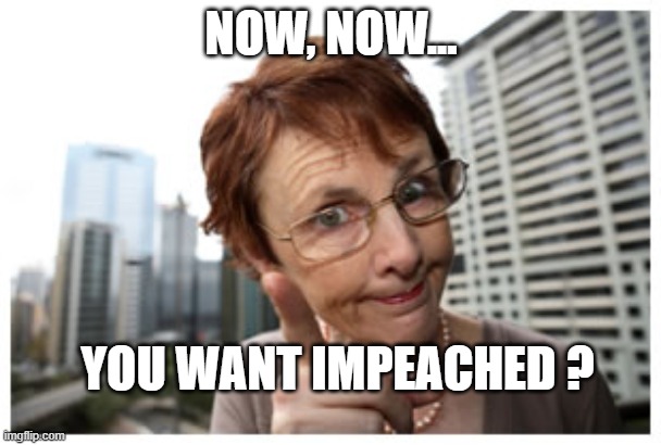 Shame on you. You want impeached? | NOW, NOW... YOU WANT IMPEACHED ? | image tagged in shame on you,now now,funny,impeachment,silly dems | made w/ Imgflip meme maker