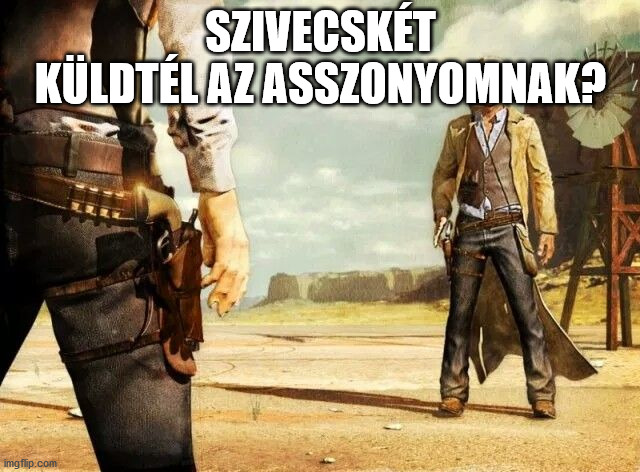 wild west shoot out | SZIVECSKÉT KÜLDTÉL AZ ASSZONYOMNAK? | image tagged in wild west shoot out | made w/ Imgflip meme maker