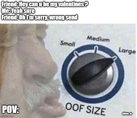 Quality meme | Friend: Hey can u be my valentines ?
Me: Yeah sure
Friend: Oh I'm sorry, wrong send; POV:; @Sam_ie | image tagged in oof size large | made w/ Imgflip meme maker