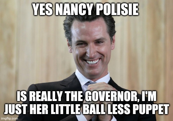 Scheming Gavin Newsom  | YES NANCY POLISIE; IS REALLY THE GOVERNOR, I'M JUST HER LITTLE BALL LESS PUPPET | image tagged in scheming gavin newsom | made w/ Imgflip meme maker