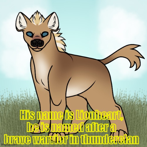 From: Mystic woods | Found at: Mystic woods | His name is Lionheart, he is named after a brave warrior in thunderclan | made w/ Imgflip meme maker