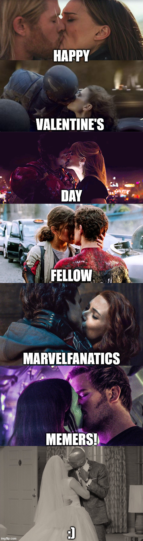 Have a great Valentine's day! | HAPPY; VALENTINE'S; DAY; FELLOW; MARVELFANATICS; MEMERS! :) | image tagged in mcu | made w/ Imgflip meme maker