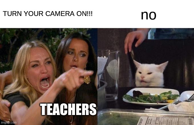 why do they say this all the damn time |  TURN YOUR CAMERA ON!!! no; TEACHERS | image tagged in memes,woman yelling at cat | made w/ Imgflip meme maker