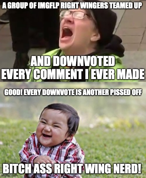 A GROUP OF IMGFLP RIGHT WINGERS TEAMED UP; AND DOWNVOTED EVERY COMMENT I EVER MADE; GOOD! EVERY DOWNVOTE IS ANOTHER PISSED OFF; BITCH ASS RIGHT WING NERD! | image tagged in screaming liberal,memes,evil toddler | made w/ Imgflip meme maker