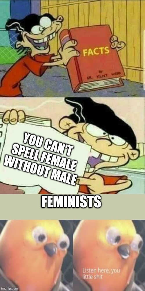 Double d facts book  | YOU CAN'T SPELL FEMALE WITHOUT MALE; FEMINISTS | image tagged in double d facts book,boys vs girls,girls vs boys | made w/ Imgflip meme maker