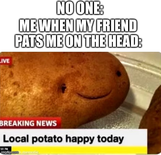 *Happy Potato Noises* | NO ONE:; ME WHEN MY FRIEND PATS ME ON THE HEAD: | image tagged in potato,happy,valentine's day | made w/ Imgflip meme maker