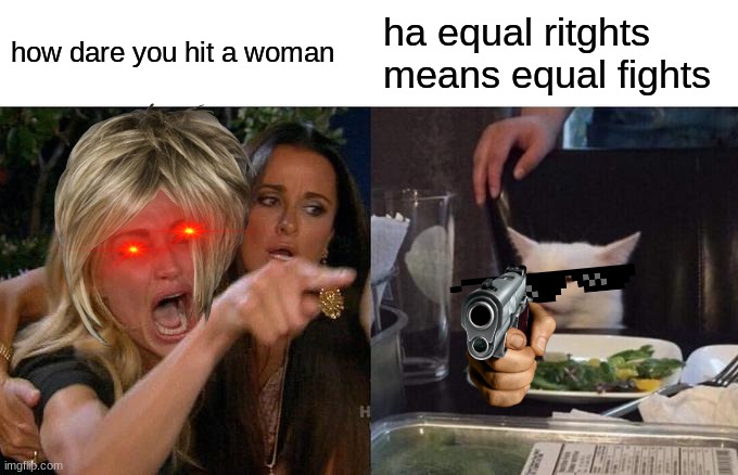 feminists in a nuttshell | how dare you hit a woman; ha equal ritghts means equal fights | image tagged in memes,woman yelling at cat | made w/ Imgflip meme maker