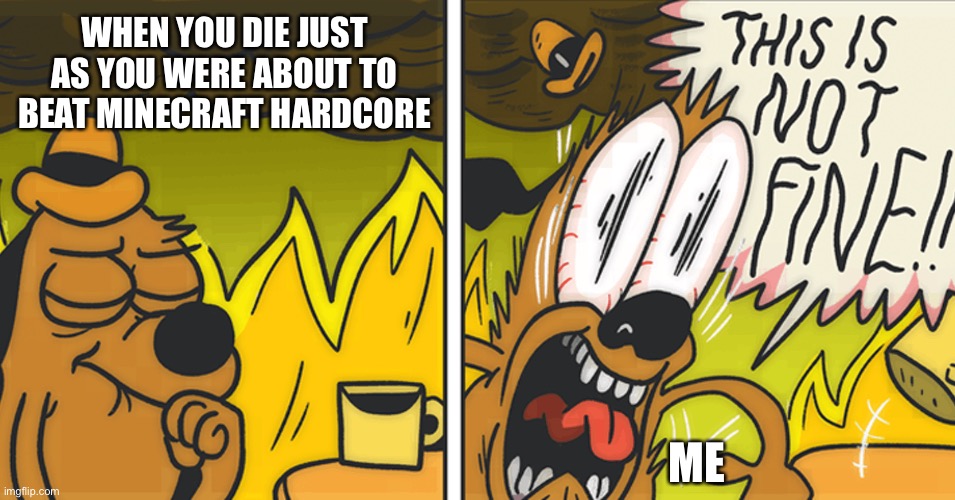 Why must this happen | WHEN YOU DIE JUST AS YOU WERE ABOUT TO BEAT MINECRAFT HARDCORE; ME | image tagged in this is not fine | made w/ Imgflip meme maker