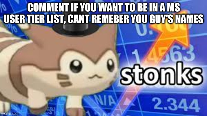 Furret stonks | COMMENT IF YOU WANT TO BE IN A MS USER TIER LIST, CANT REMEBER YOU GUY'S NAMES | image tagged in furret stonks | made w/ Imgflip meme maker