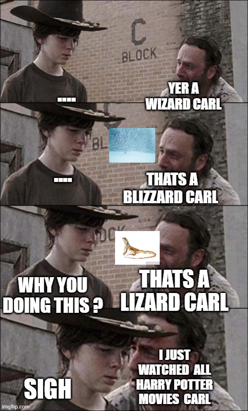yer a cowboy carl | .... YER A WIZARD CARL; .... THATS A BLIZZARD CARL; THATS A LIZARD CARL; WHY YOU DOING THIS ? I JUST WATCHED  ALL HARRY POTTER  MOVIES  CARL; SIGH | image tagged in you're a wizard harry | made w/ Imgflip meme maker